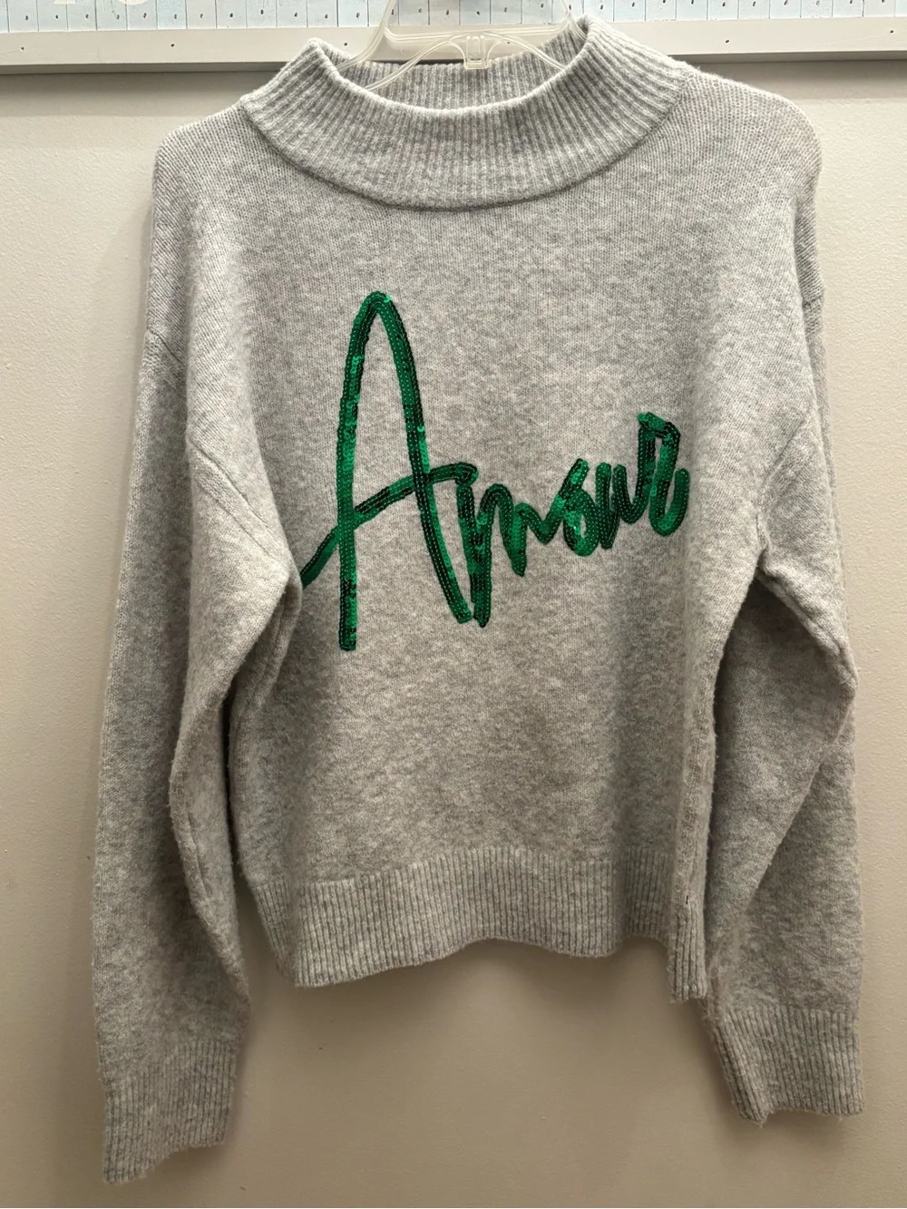 a new day Gray Sweater with Green Sequin "Amour" Script XS - Picture 1 of 5